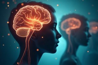 Ilustración científica: cerebro, ADN y perfiles de adolescentes