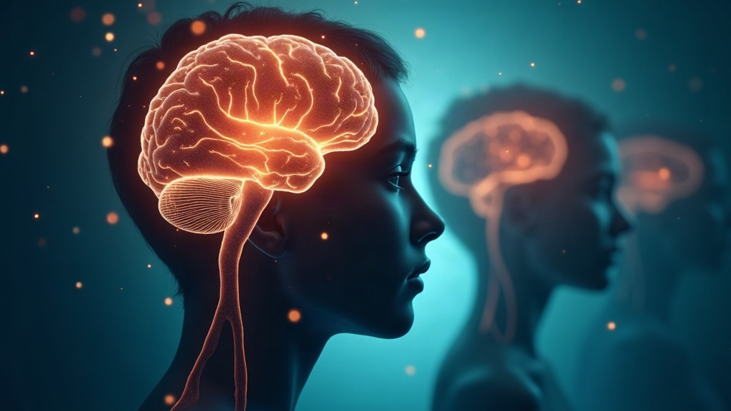 Ilustración científica: cerebro, ADN y perfiles de adolescentes