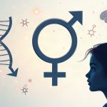 Símbolo de transición de género con ADN, cerebro y una figura adolescente