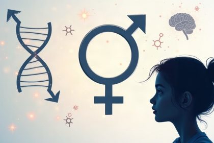 Símbolo de transición de género con ADN, cerebro y una figura adolescente