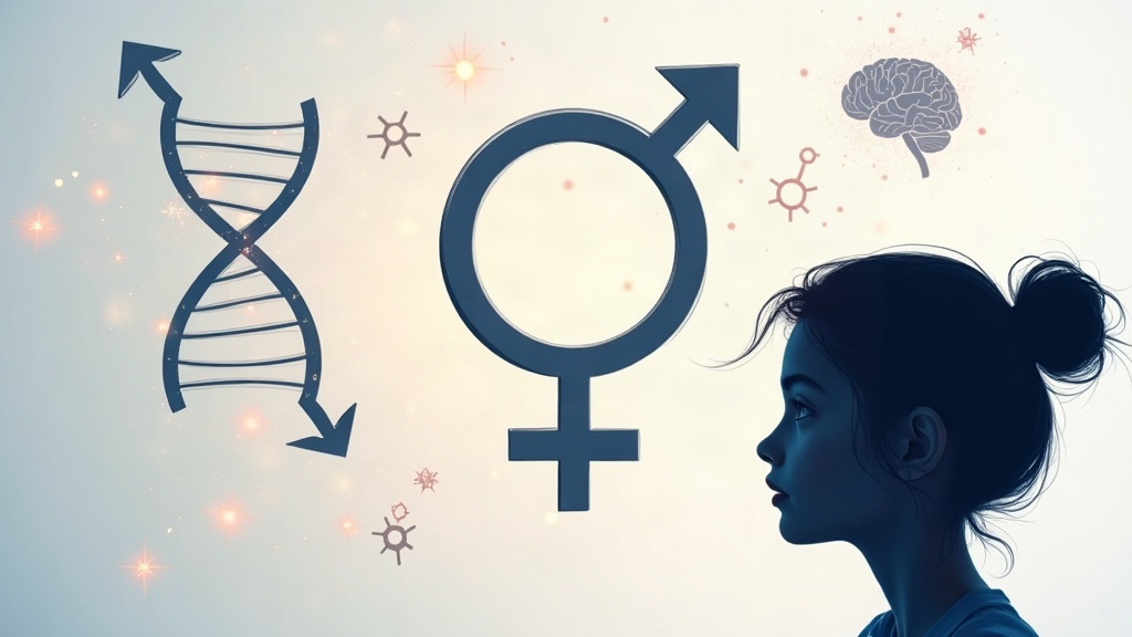 Símbolo de transición de género con ADN, cerebro y una figura adolescente