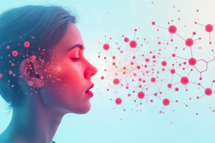 Ilustración de laringe y cuerdas vocales con ondas sonoras