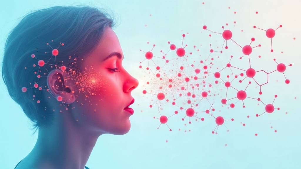 Ilustración de laringe y cuerdas vocales con ondas sonoras
