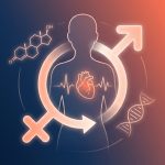 Ilustracion cientifica: silueta humana con corazon, simbolo de genero combinado y cadena de ADN
