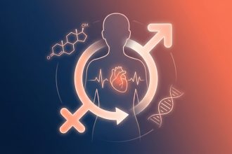 Ilustracion cientifica: silueta humana con corazon, simbolo de genero combinado y cadena de ADN