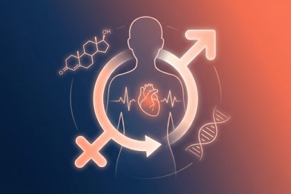 Ilustracion cientifica: silueta humana con corazon, simbolo de genero combinado y cadena de ADN