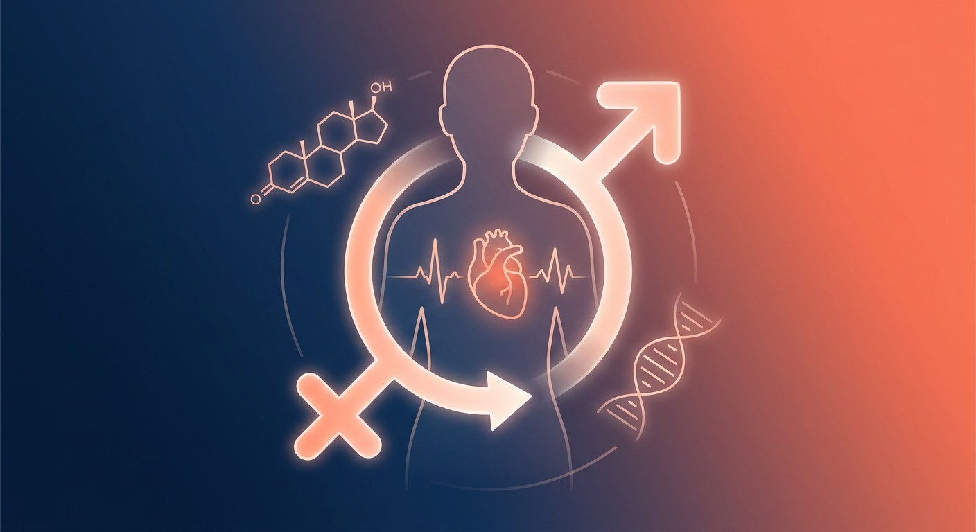 Ilustracion cientifica: silueta humana con corazon, simbolo de genero combinado y cadena de ADN