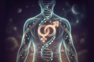 Ilustracion cientifica sobre relojes epigeneticos y terapia hormonal de afirmacion