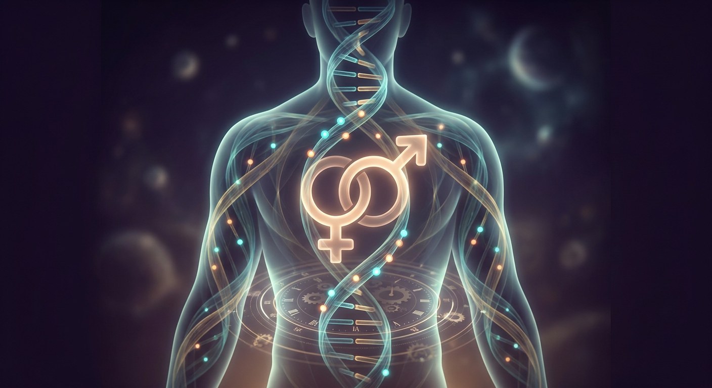 Ilustracion cientifica sobre relojes epigeneticos y terapia hormonal de afirmacion