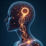 Ilustración de identidad de género: silueta humana con ADN, redes neuronales y símbolo de género combinado