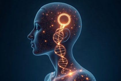 Ilustración de identidad de género: silueta humana con ADN, redes neuronales y símbolo de género combinado