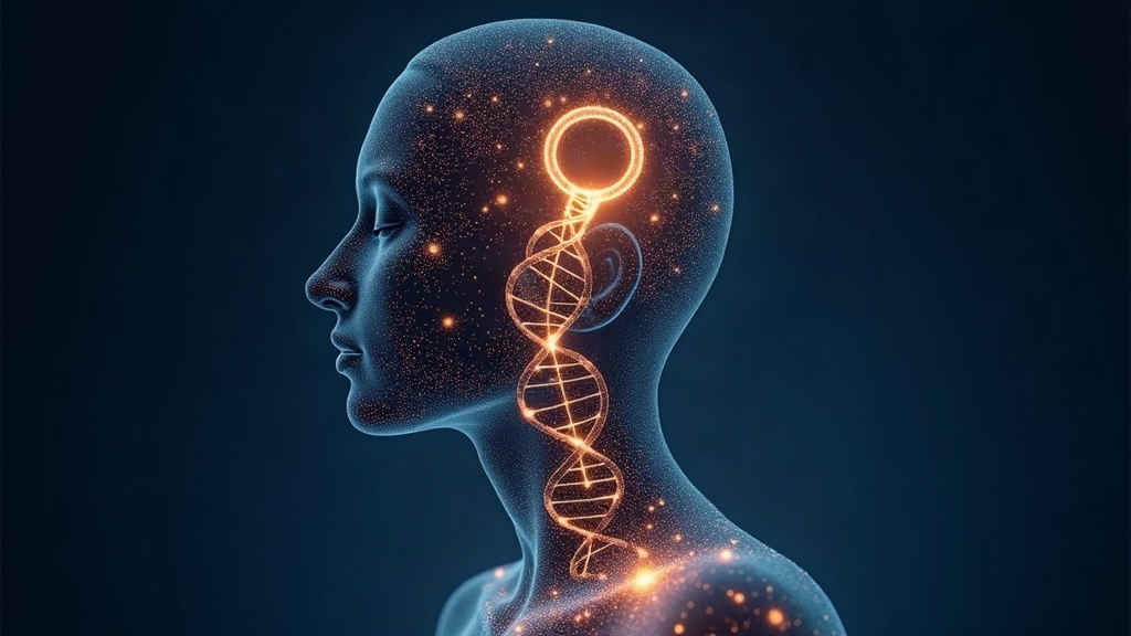 Ilustración de identidad de género: silueta humana con ADN, redes neuronales y símbolo de género combinado