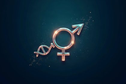 Ilustración científica: símbolo de transición de género entrelazado con ADN y hormonas