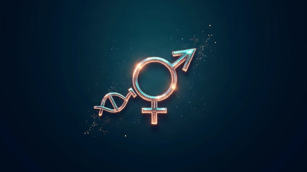 Ilustración científica: símbolo de transición de género entrelazado con ADN y hormonas