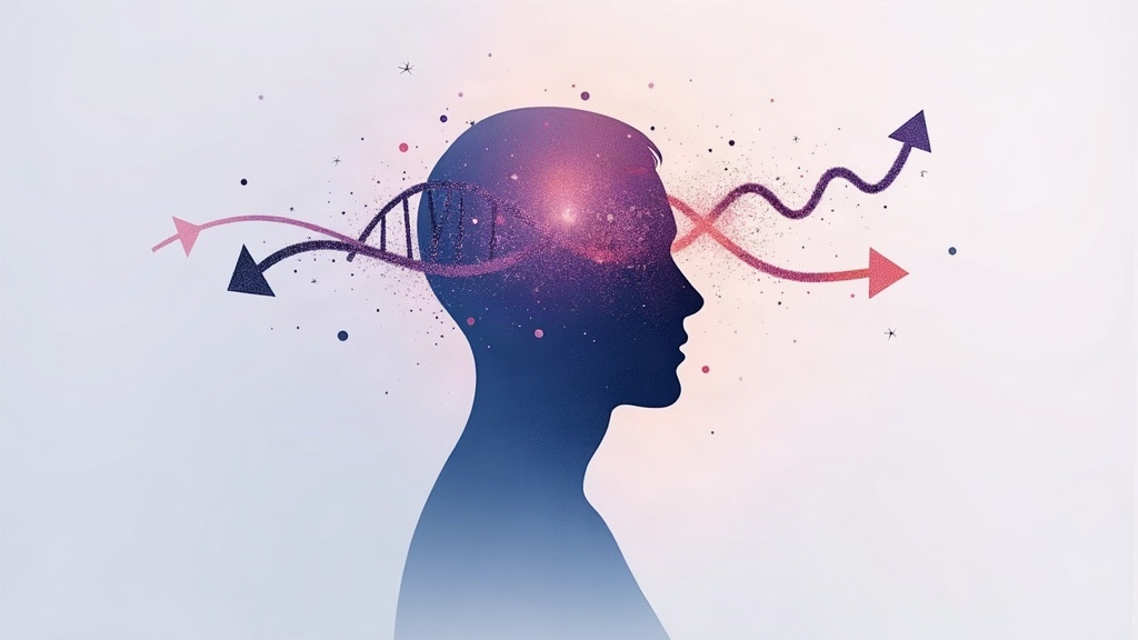 Ilustración científica sobre identidad de género, ADN y cerebro