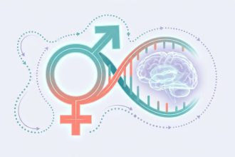 Símbolo de género combinado con una doble hélice de ADN y un cerebro
