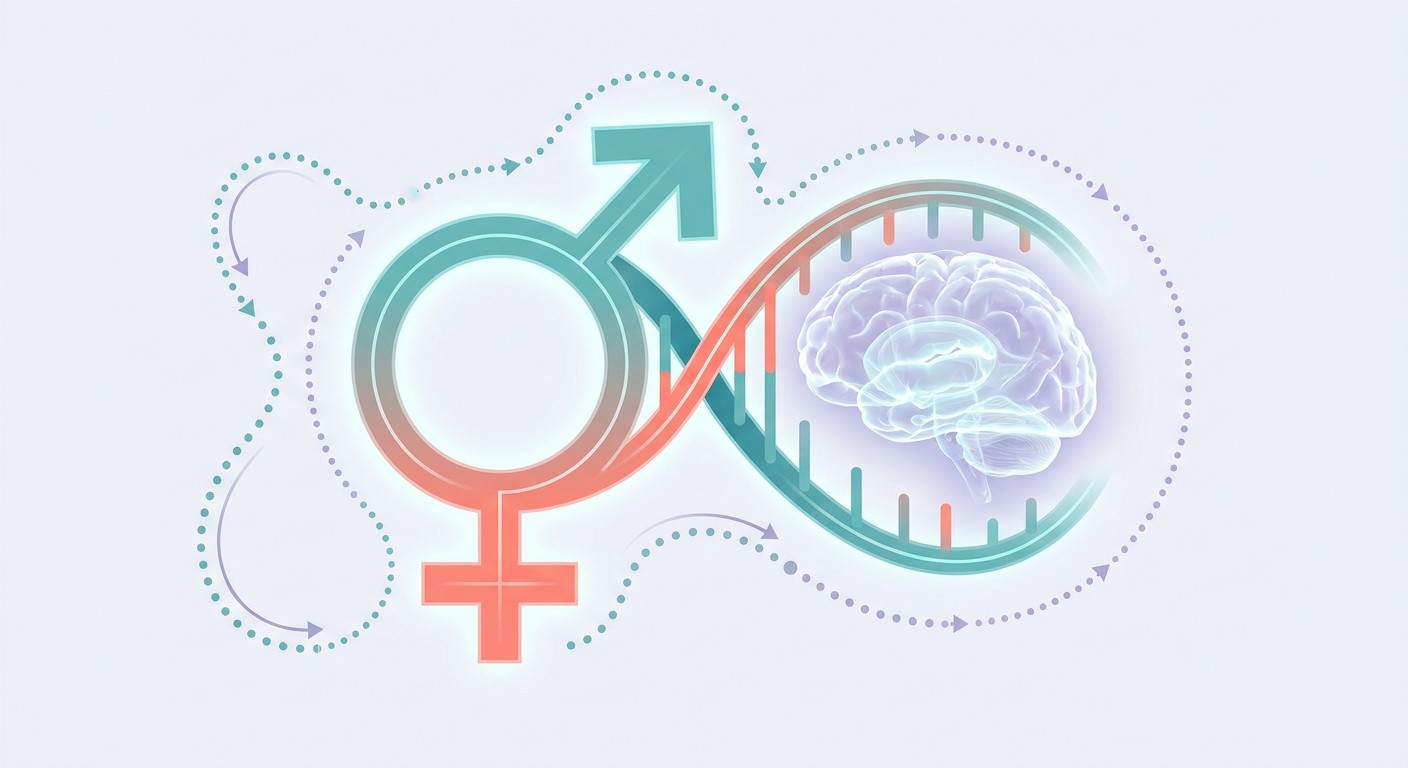 Símbolo de género combinado con una doble hélice de ADN y un cerebro