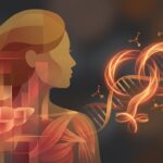 Ilustración editorial: silueta de una mujer transgénero con símbolo de género y hélice de ADN sobre fondo oscuro